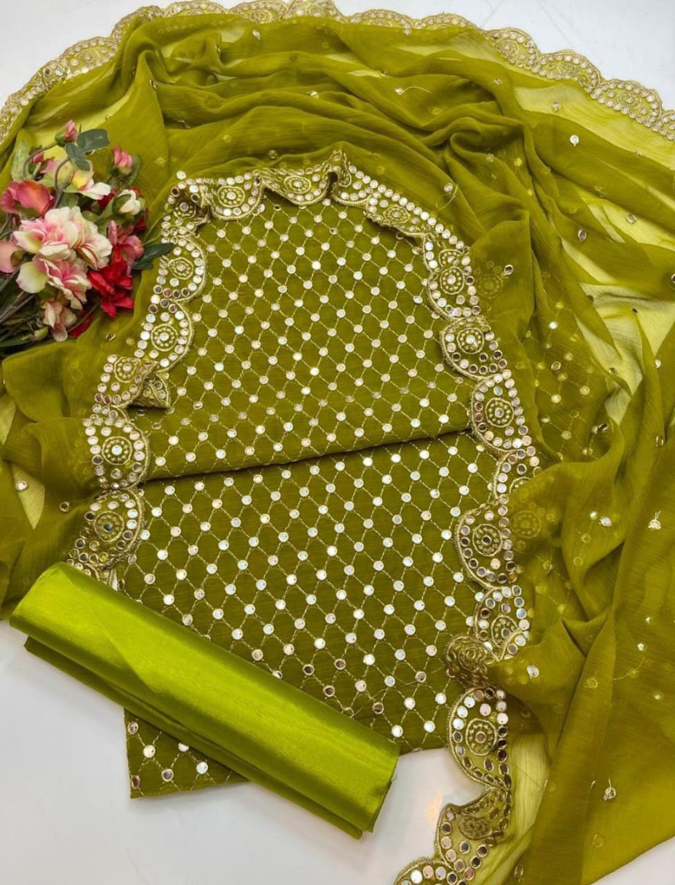 New Trending Wedding PartyWear 2K25 – Heavy Embroidery Jaal 09MM Chiffon 3Pc Dress With Cutwork Dupatta & Katan Silk Trouser